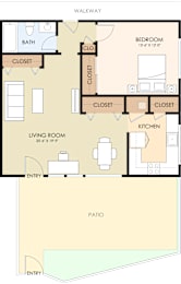 A floor plan of a 1280 square foot, one bedroom apartment.