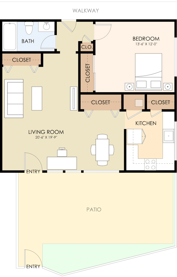 A floor plan of a 1280 square foot, one bedroom apartment.