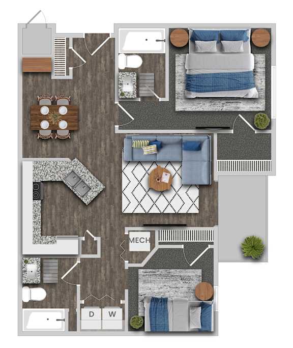 A floor plan of a house with a kitchen, living room, and bedrooms.