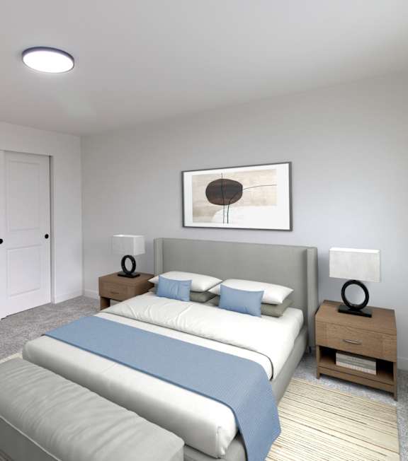 A bedroom with a large bed and a painting above it.