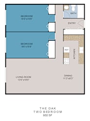 A floor plan of a two bedroom apartment with a living room, dining room, kitchen, bathroom, and entry.
