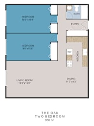 A floor plan of a two bedroom apartment with a living room, dining room, kitchen, bathroom, and entry.