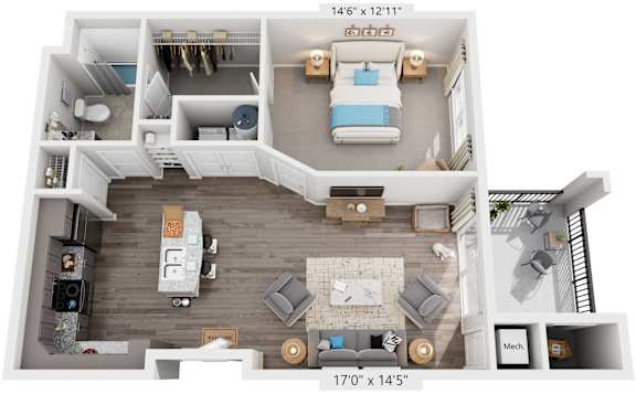 1 Bed 1 Bath Floor Plan | 701 Sq. Ft. at Streets of Greenbrier, Chesapeake, 23320