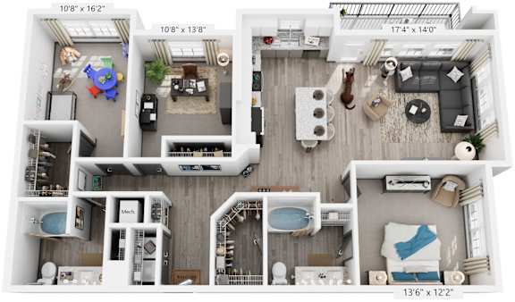 2 Bed 2 Bath Floor Plan | 1,449 Sq. Ft. at The Louis Apartment Flats, Louisville, KY