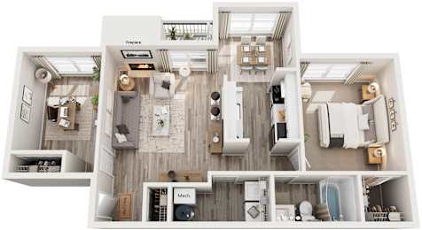 1 Bed 1 Bath Floor Plan | 747 Sq. Ft. at Hunters Chase Apartments, Midlothian, VA
