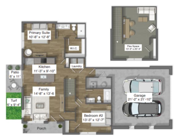 This spacious 2 bedroom 2 bathroom home features hardwood-style flooring, stainless steel appliances, and an attached two-car garage.in willow park texas, build to rent, homes for rent in Willow park, professionally managed rental home community, private yards, low maintenance, pet-friendly.