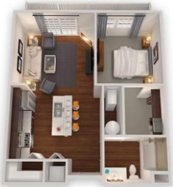 1-bed/1-bath 3D floorplan at Copper Creek Apartments, Kent, OH