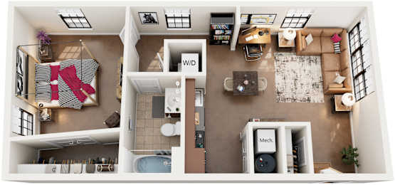 1 Bed 1 Bath Floor Plan | 651-689 Sq. Ft. at Mayton Transfer Lofts in VA 23803