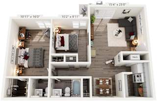 A 3D floor plan of a small apartment with a kitchen, living room, and bedroom.