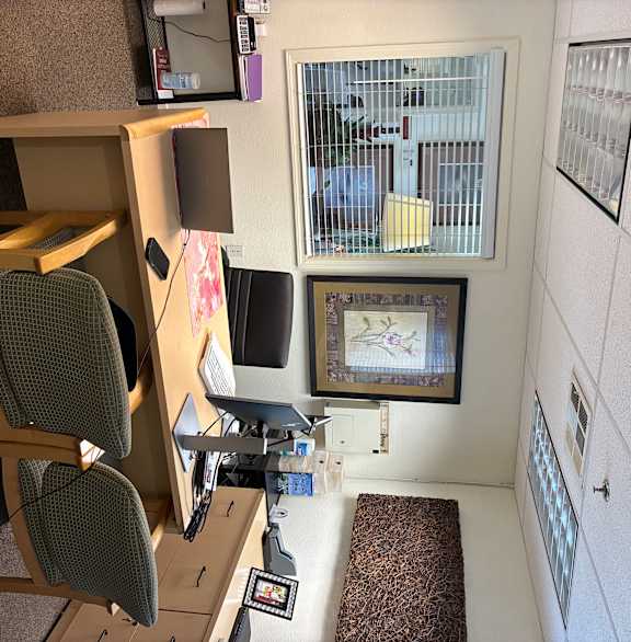 A room with a desk, chair, and computer.