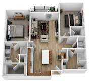 A floor plan of a house with a living room, kitchen, dining room, and two bedrooms.