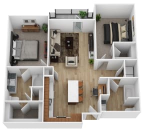 A floor plan of a house with a living room, kitchen, dining room, and two bedrooms.