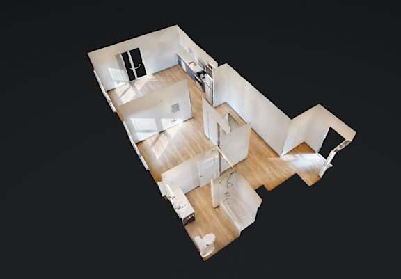 Floor Plan  A top-down view of a modern house with a kitchen, living room, and bedrooms.