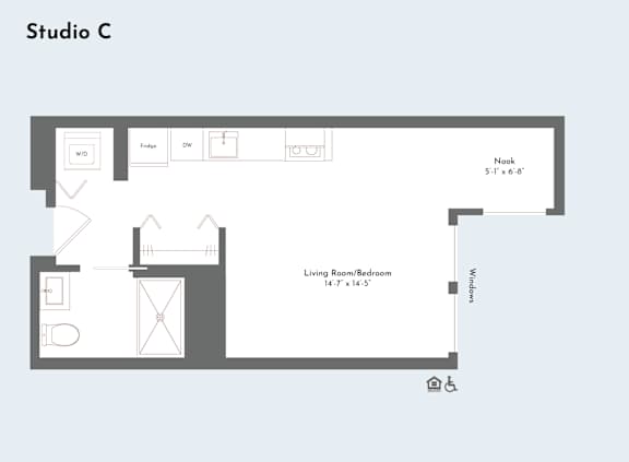 Floor Plan  A floor plan for Studio C shows a living room, a bedroom, and a bathroom.