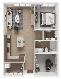 A top-down view of a small apartment with a kitchen, living room, and bathroom.