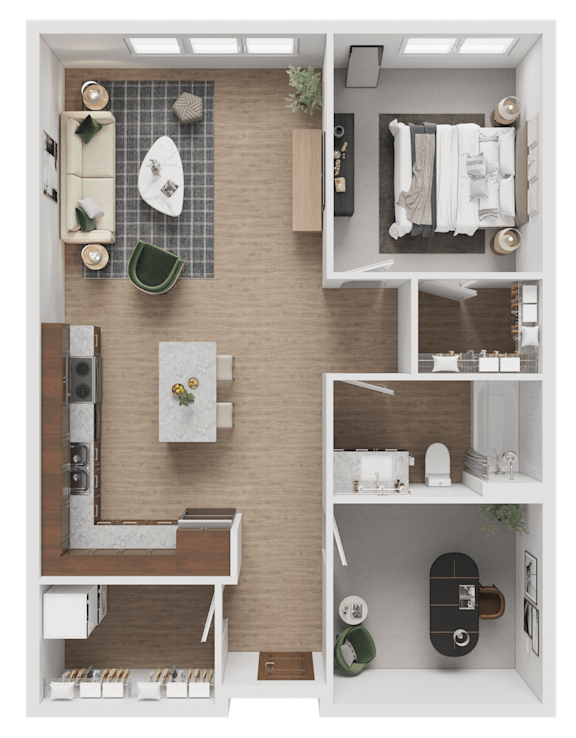 A top-down view of a small apartment with a kitchen, living room, and bathroom.