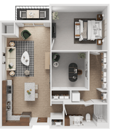 A top-down view of a small, well-organized apartment with a kitchen, living room, and bathroom.
