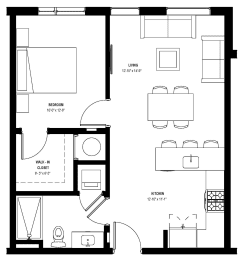 1 bed 1 bath floor plan N at Glassworks, Philadelphia