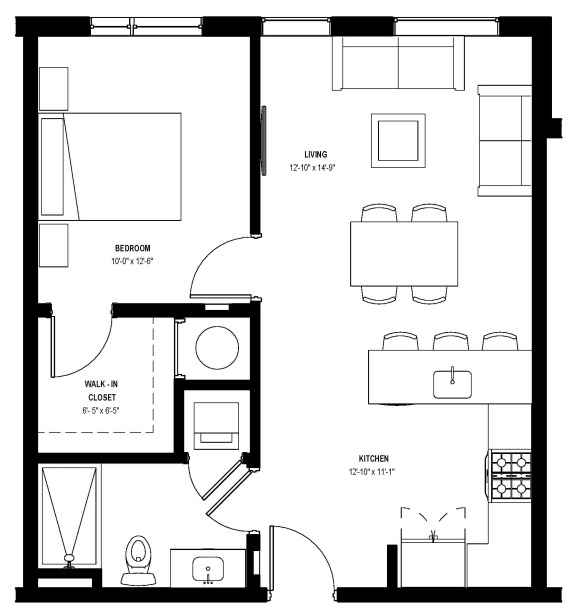 1 bed 1 bath floor plan N at Glassworks, Philadelphia