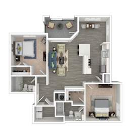 A floor plan of a two-bedroom apartment with a living room, kitchen, and bathroom.