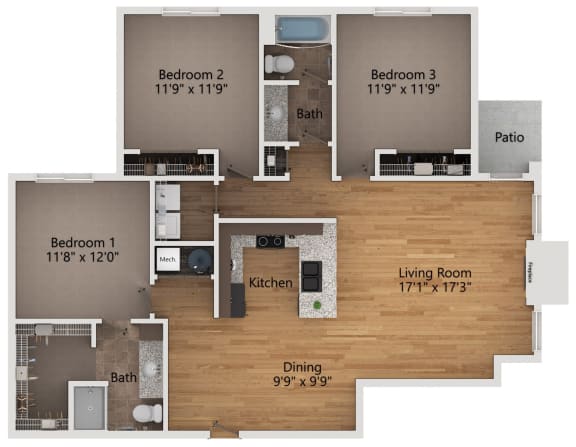 a floor plan of a three bedroom apartment with a kitchen and a living room with a dining