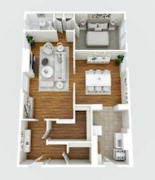 A top-down view of a small apartment with a kitchen, living room, and bedroom.