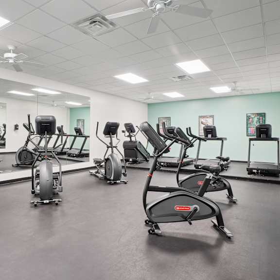 A gym with a variety of exercise equipment including treadmills, stationary bikes, and weights.