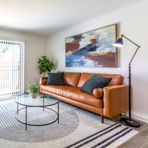 a living room with a couch and a rug in the middle at Brightwaters Apartments, Little Rock, Arkansas