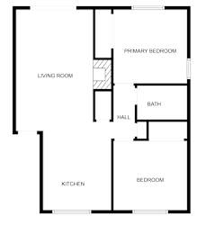A floor plan of a house with a living room, kitchen, bath, hall, bedroom and primary bedroom.