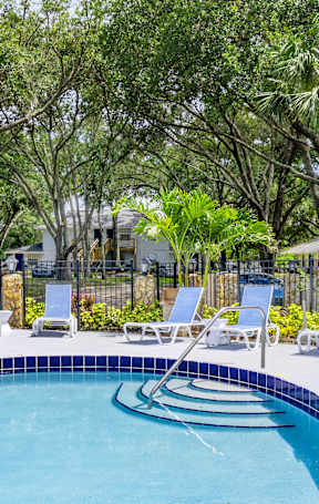 A pool surrounded by trees and chairs.