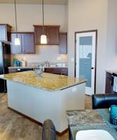 A kitchen with a black refrigerator and wooden cabinets.