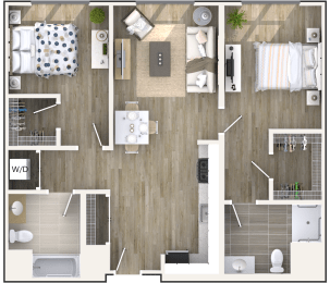 Two Bedroom Two Bathroom Floorplan at North Square Apartments at The Mill District, Amherst, MA 01002