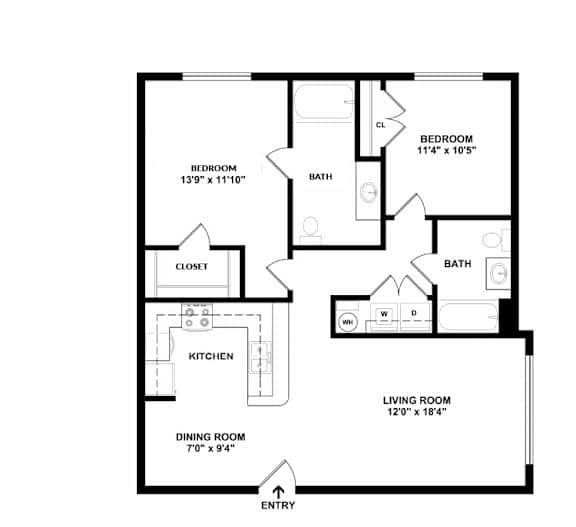 A floor plan of a house with a living room, dining room, kitchen, two bathrooms, and two bedrooms.
