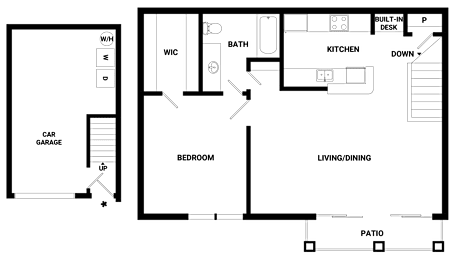 A floor plan of a house with a living room, kitchen, bedroom, and bathroom.