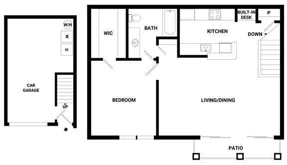 A floor plan of a house with a living room, kitchen, bedroom, and bathroom.