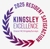 A logo with the words "Kingsley Excellence" and "2025 Resident Satisfaction" surrounded by a laurel wreath.