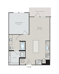 A floor plan of a house with a living room, dining room, kitchen, and entryway.