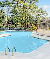A large blue swimming pool surrounded by trees and a wooden deck.