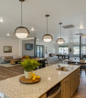 Matheson Apartments Clubhouse Kitchen with Island and Seating Area