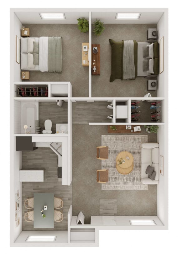 a stylized floor plan of a 1 bedroom apartment