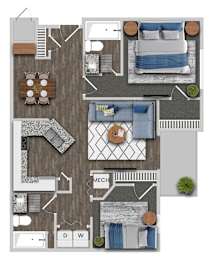 A floor plan of a house with a kitchen, living room, and bedrooms.