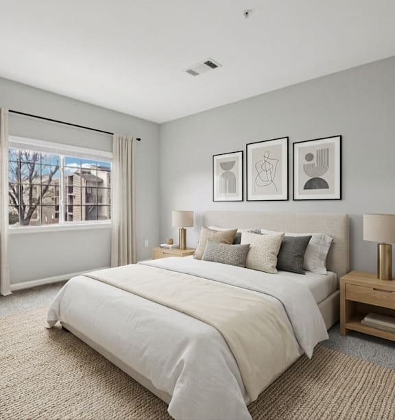 A bedroom with a large bed and a window with curtains.