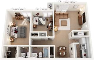 A 3D floor plan of a small apartment with a kitchen, living room, and bathroom.