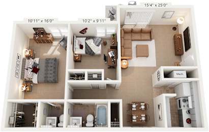 A 3D floor plan of a small apartment with a kitchen, living room, and bathroom.
