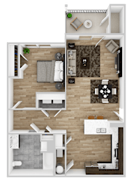 A top-down view of a house layout with a living room, kitchen, and two bedrooms.