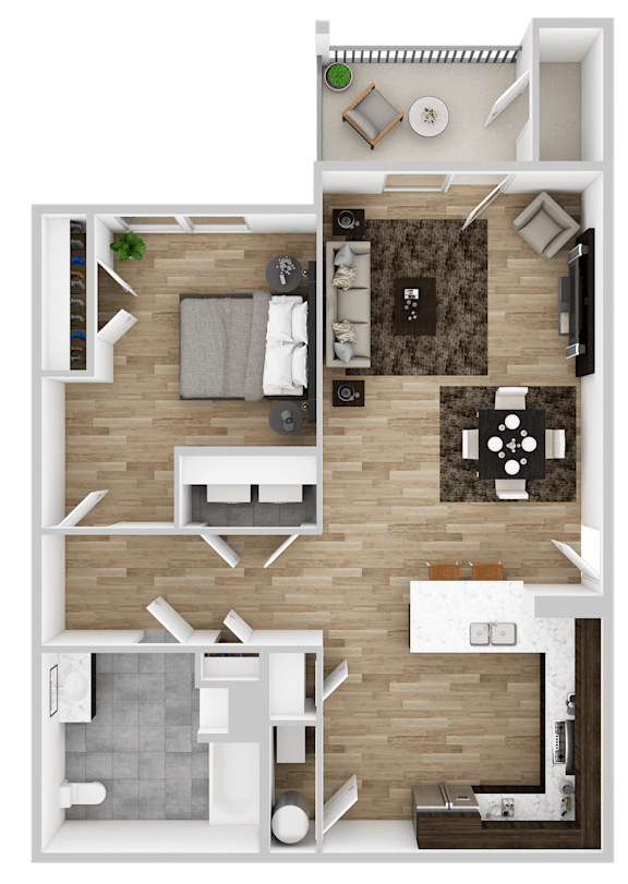 A top-down view of a house layout with a living room, kitchen, and two bedrooms.