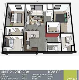 A floor plan of an apartment with a living room, kitchen, and two bedrooms.