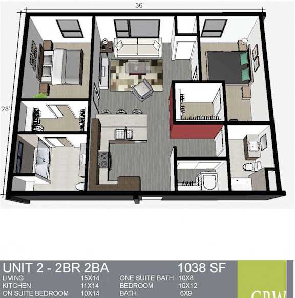 A floor plan of an apartment with a living room, kitchen, and two bedrooms.
