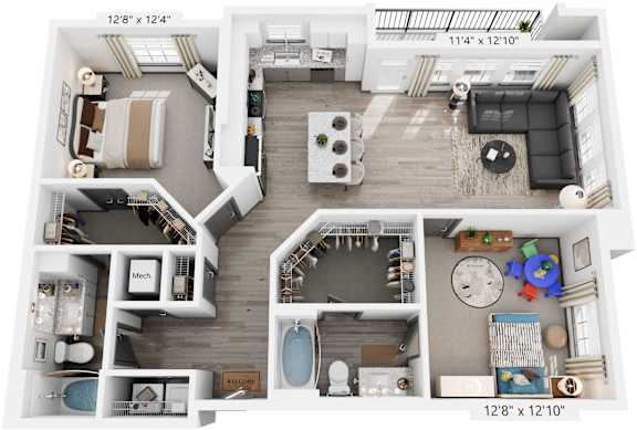 2 Bed 2 Bath Floor Plan | 1,230 Sq. Ft. at The Louis Apartment Flats, Louisville, KY, 40241