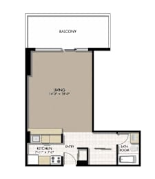 A floor plan for a Jasper OneLeven studio apartment with a balcony, living room, kitchen, and bathroom.